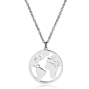 Globe earth continent simple minimalist silver/gold/rose gold wholesale stainless steel world map necklace for men women