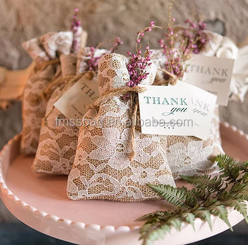 

Linen drawstring Bags with lace, White