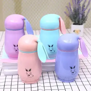 Image of Cute Rabbit Thermos Cup Water Bottles For Children Double Wall Stainless Steel Pink Cover With Lid Gift Vacuum Flask Insulated