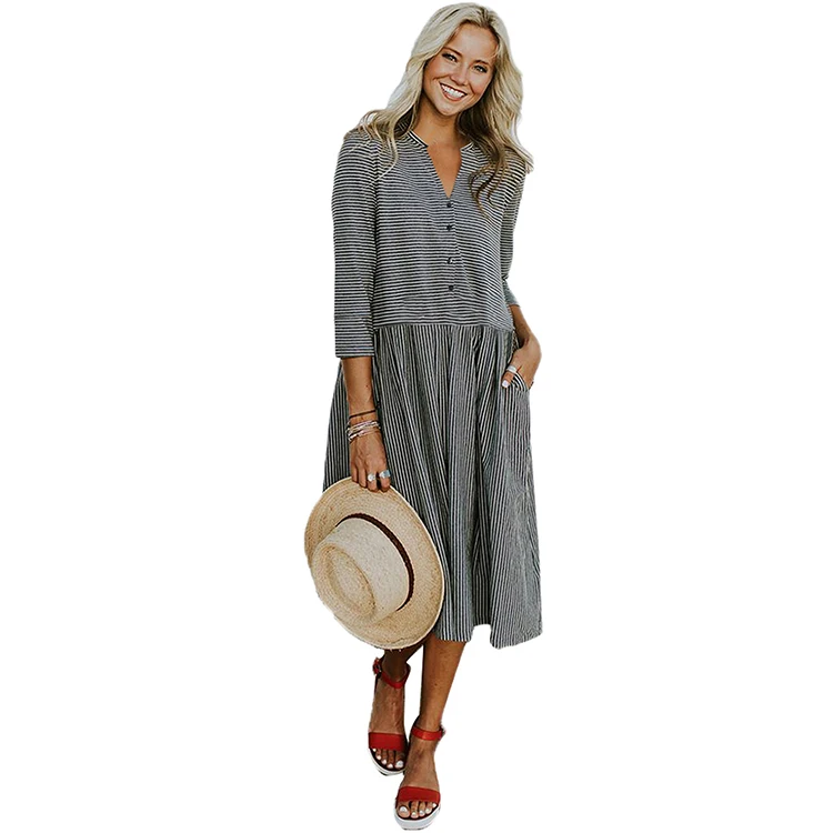 Sexy Evening Party Night Club Woman Lady Fashion Casual Pinstriped Loose Linen Midi Shirt Dress