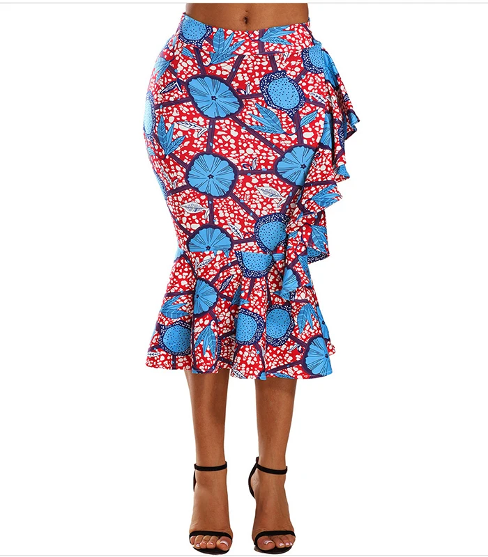 

New African Style High Waist Ruffle Side Stretchy African Midi Skirt, As picture or customized