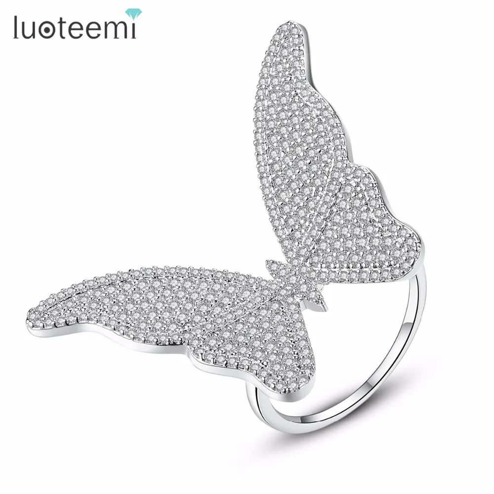 

LUOTEEMI Wholesale White Gold Color Butterfly Shaped Wedding Rings Paved Tiny CZ Crystal For Women Gift Party, N/a