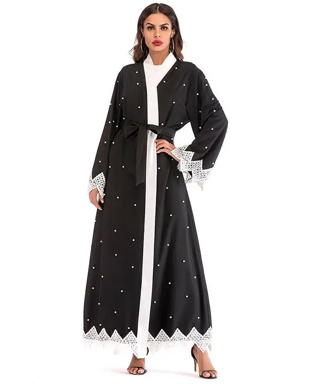 

V neck plus length pearl decoration muslim abaya islamic clothing