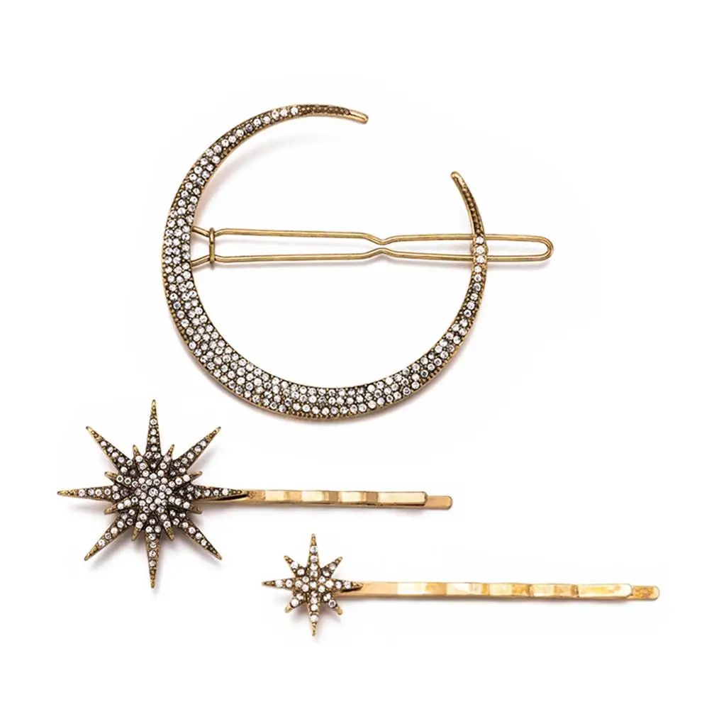 

3Pcs /Set Vintage Gold Metal Star Moon Rhinestones Hair Clip for Women Hairpins Hair Accessories