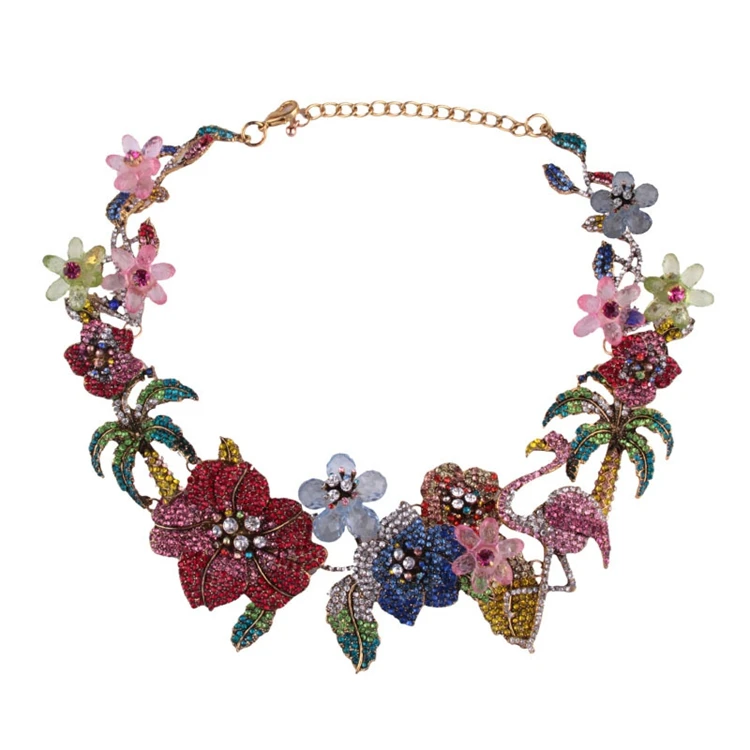 

NK-189013 Women Vintage Baroque Jewelry Crystal Rhinestone Flamingo Flowers Chunky Bib Statement Choker Necklace, Multi