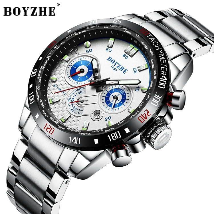 

BOYZHE White Dial Luminous Mechanical Movement Waterproof Watch