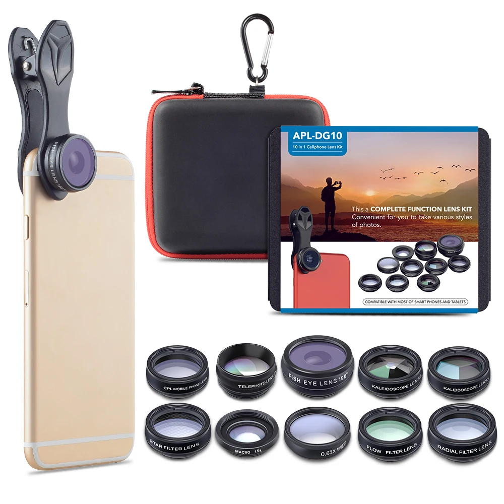 

Apexel Amazon Top Seller Deluxe 10 In 1 Camera phone Lens Kit For iPhone 2018, Black