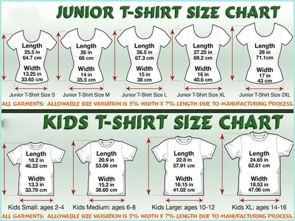 Junior T Shirt Size Chart
