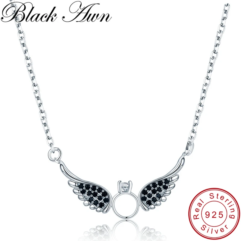 

[BLACK AWN] Vintage 925 Sterling Silver Jewelry Black Spinel Necklace for Women Wing Necklaces Pendants Bijoux Girl Gift P195