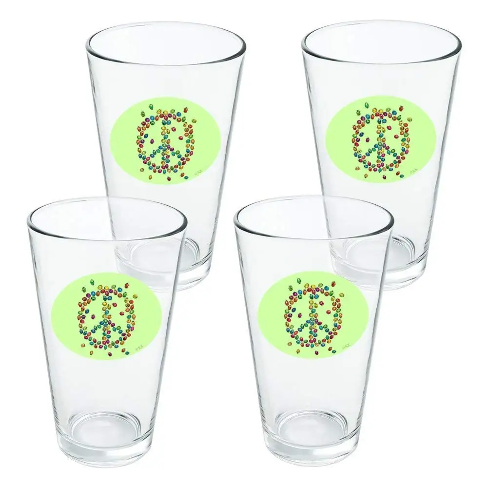 Lady Bug Rainbow Peace Sign Novelty 16oz Pint Drinking Glass Tempered - Set of 4