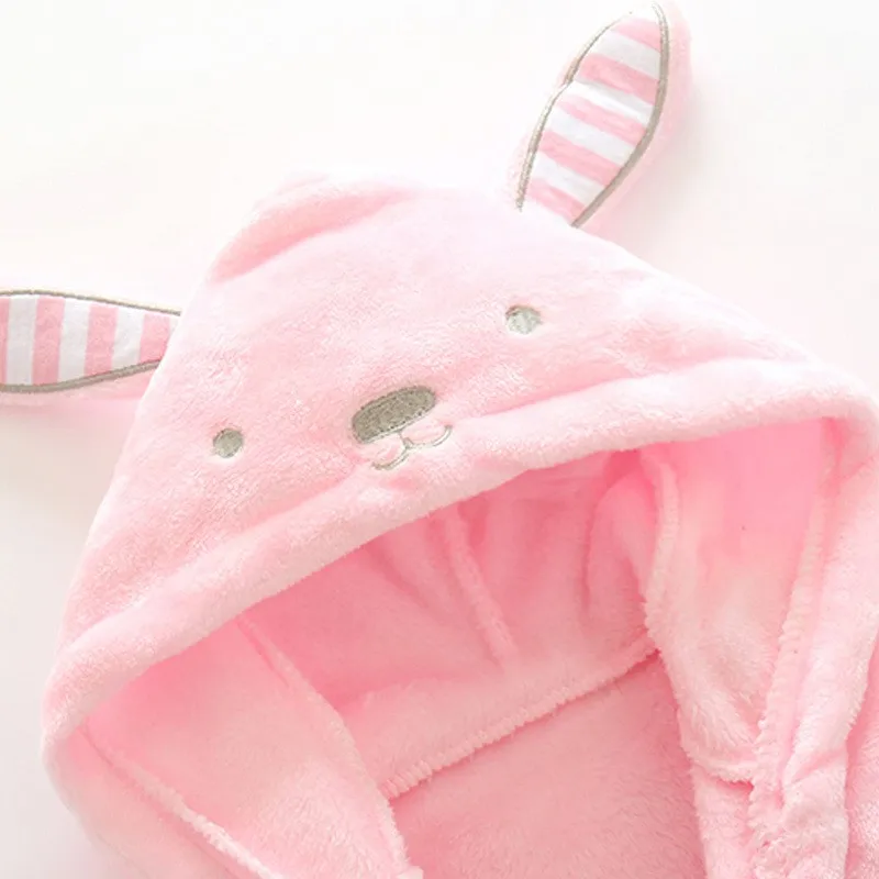 Pink Girls Hooded Zipper Bathrobe Cute Animal Robe Baby Fluffy Warm Sleepwear Funny Kids