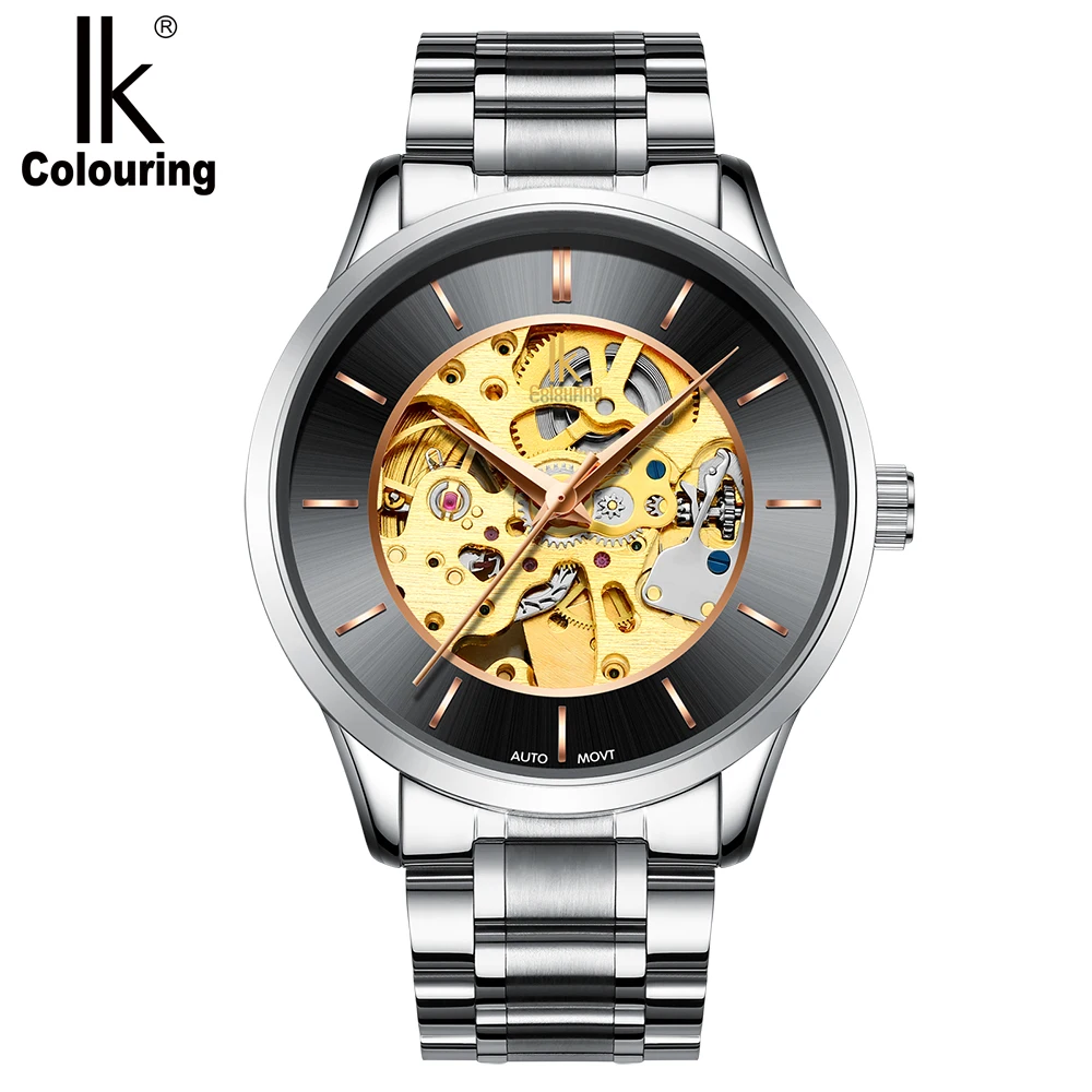 

IK Colouring K004 Men Automatic Movement Watch Hollow Rose gold Dial Wristwatch Double Clasp Stainless Steel Men Watch, 9 color for you choose