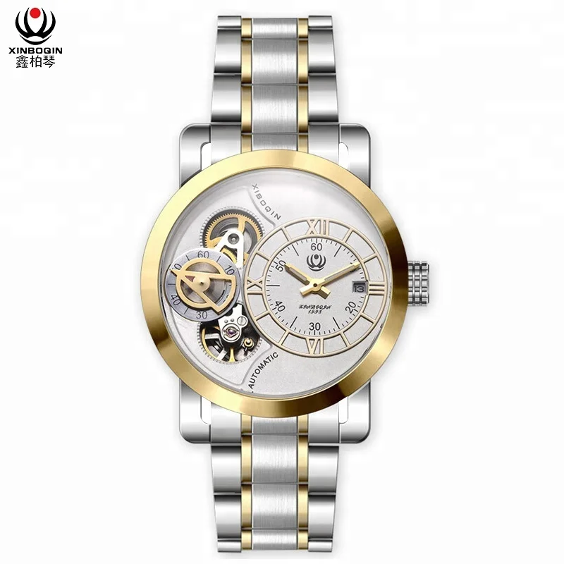 

XINBOQIN Creative Design Two Movement Quartz Mechanical Stainless Steel Water Proof Luxury Watches Men Custom Logo Small Order, Photo color