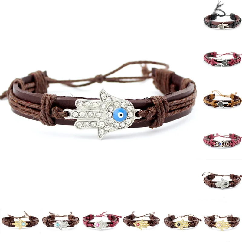 

High Quality Custom Adjustable Hamsa Hand Hand of Fatima Evil Eye Charm Mens Genuine Leather Cuff Bracelets, Silver plated