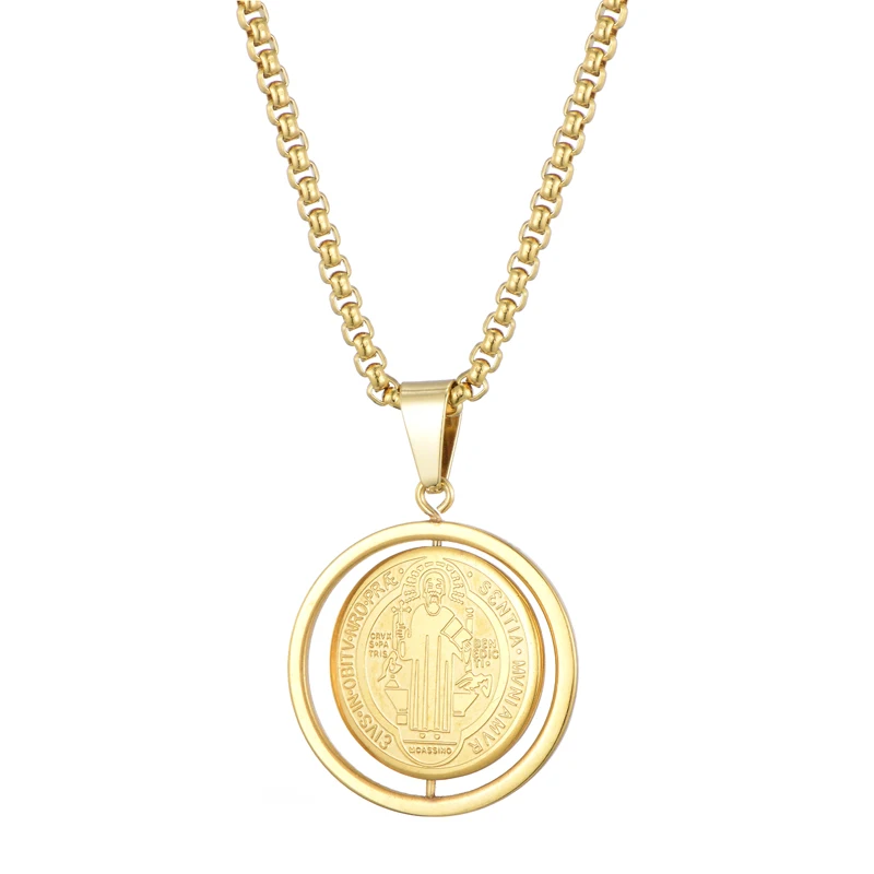 

18k Gold Stainless Steel Jesus Engraved Custom Rotatable Round Tags Pendant Necklace, Gold/steel