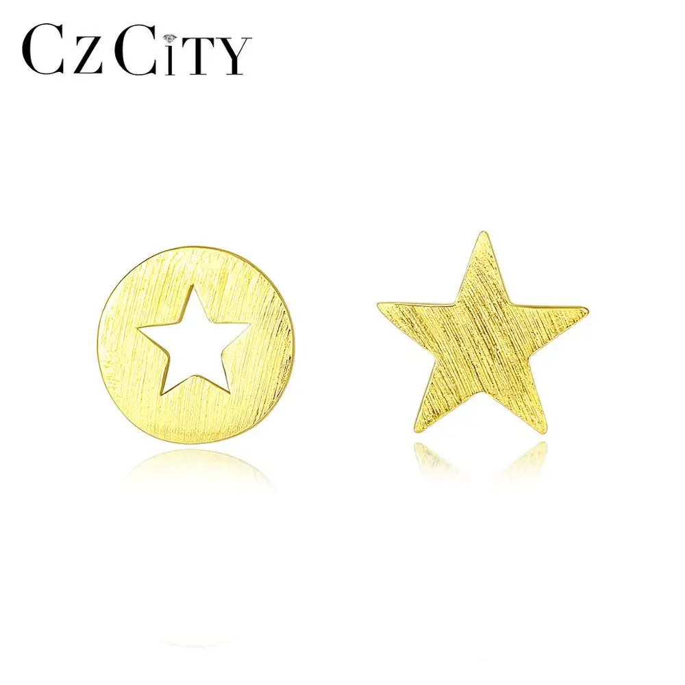 

CZCITY Earrings 925 Sterling Silver Women Jewelry Star Shape Brushed Round Ear Stud