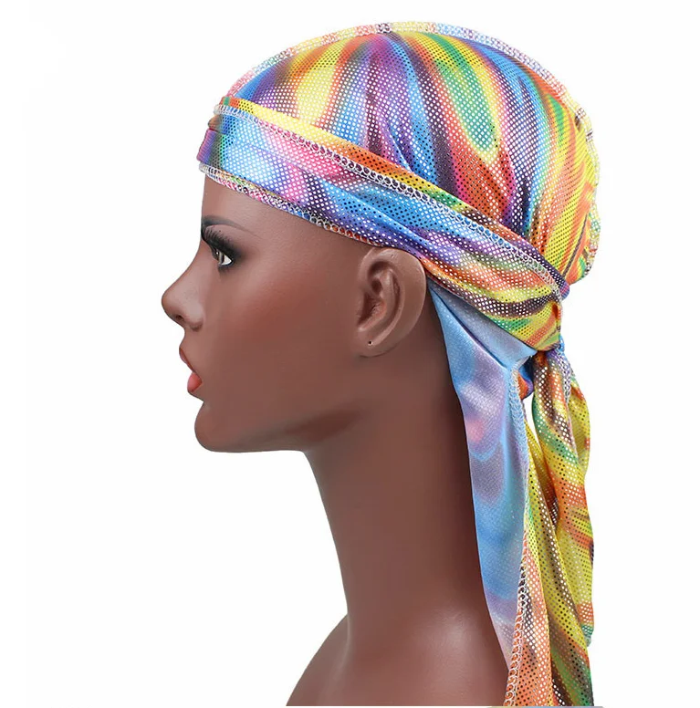 Men's Colorful Sparkly Silky Durags Turban Hat Bandanas Silk Men Durag