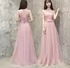 Dusty Pink Cap Sleeve Long A Line Beaded Lace Applique 2019 Cheap Prom Gowns Dresses for Women