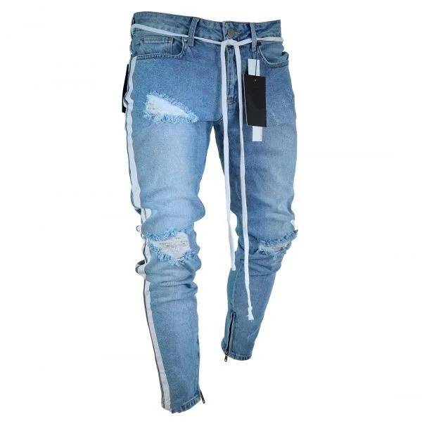 

Mens Side Stripe Ripped Denim Pants Jeans For Men