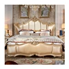 American classic style luxury wood leather double bed with handmade carving
