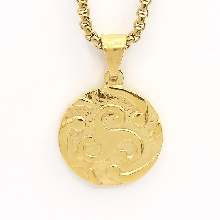 

High quality custom chain pendant 18K Gold plated triple spiral round charm pendant