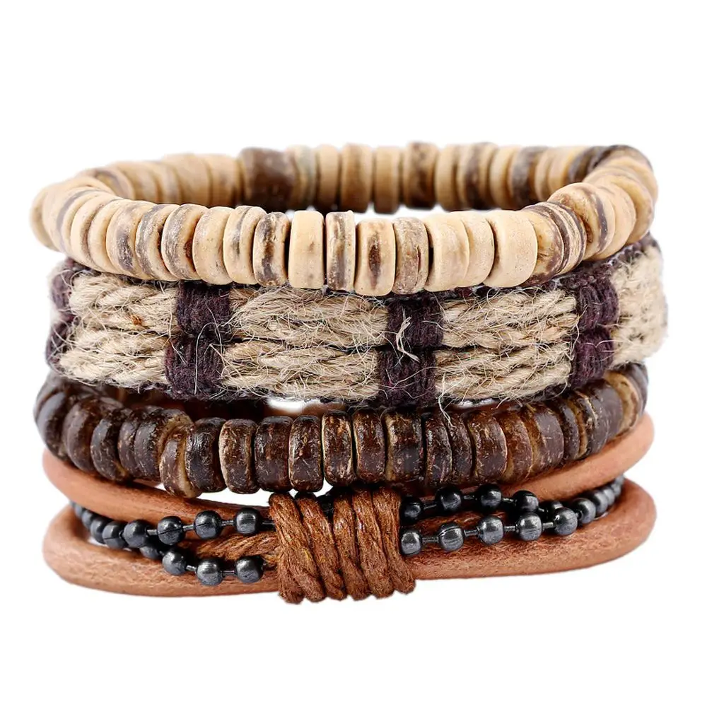 

2PKJ0014 European And American Fashion Simple Retro PU Leather Wood Bead Bracelets Set Men's Coconut Shell Bracelet, As picture shows