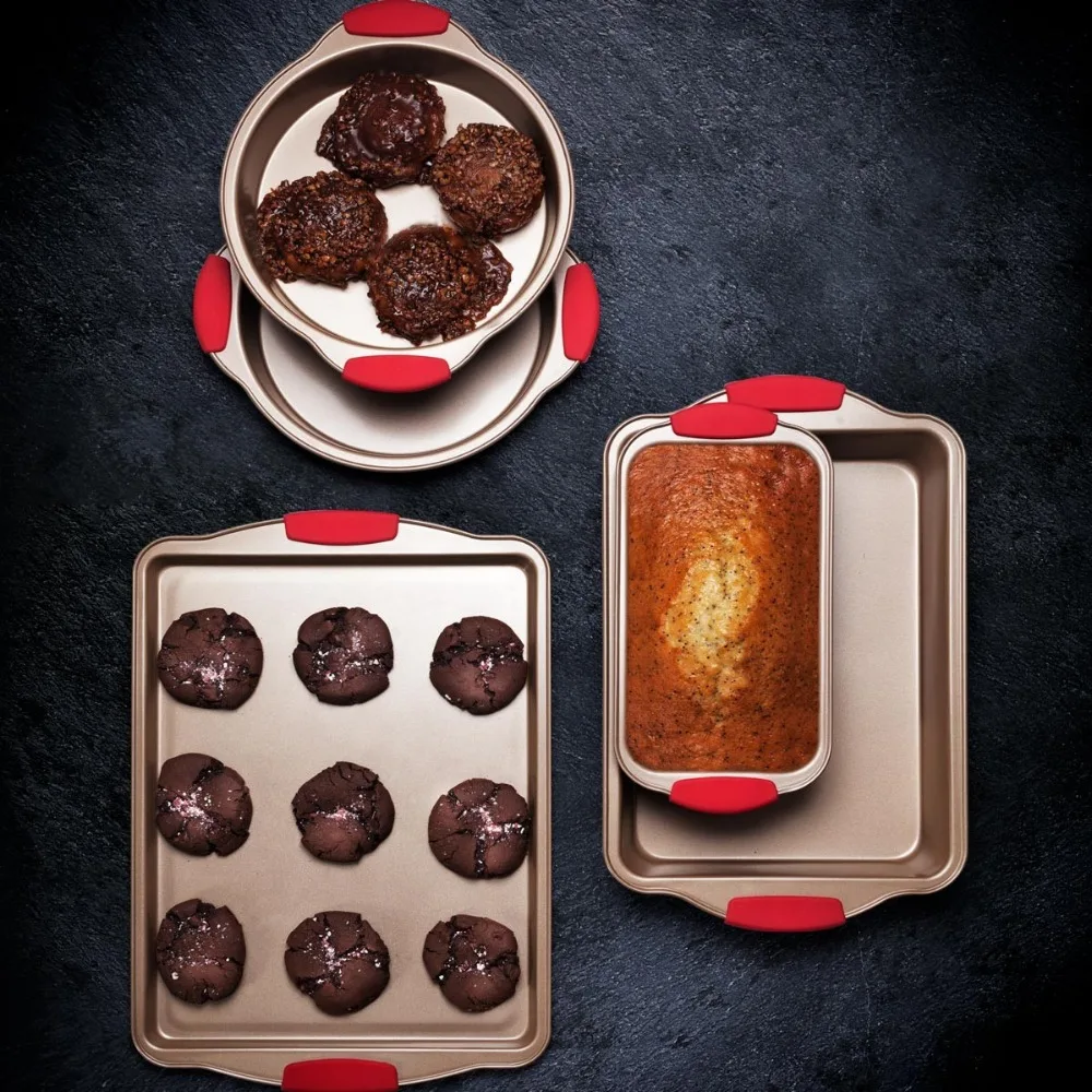 
Nonstick Gold Carbon Steel Essentials Bakeware Set with Red Silicon Grips 