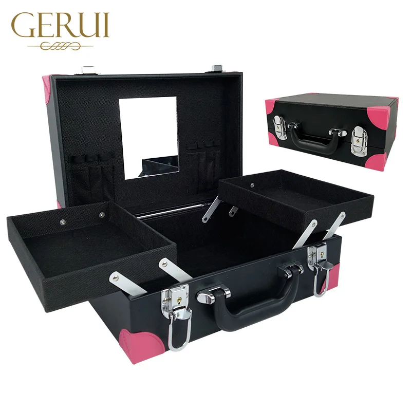 
OEM logo leather luxury make up train case cosmetic storage box mirrored make up box 
