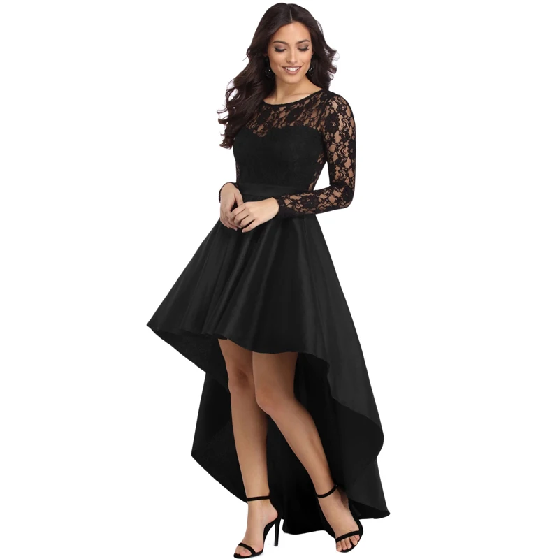 

Wholesale Black Long Sleeve Patterns Of Lace High Low Satin Evening Dress
