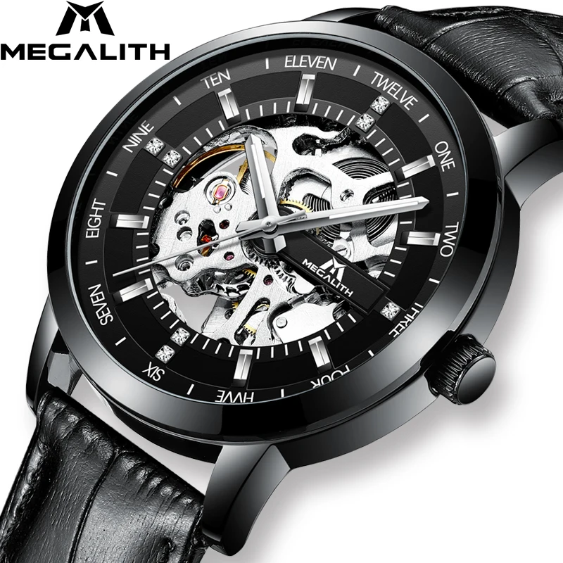 MEGALITH  mens watches black band no battery mechanical movement wristwatches montre homme water resistant silver