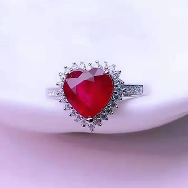 

heart gemstone wedding jewelry 925 sterling silver 18k white gold plated 8mm filled natural red ruby ring