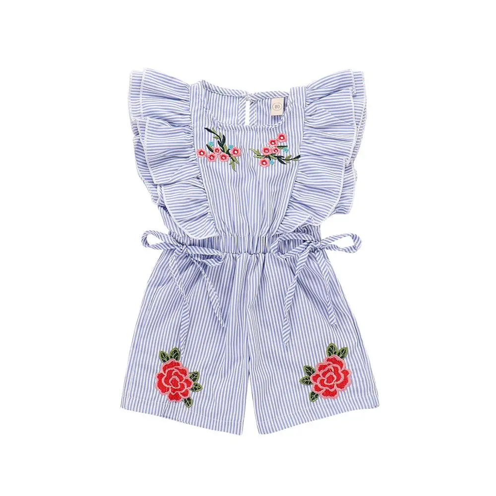 

Vintage Ruffle Sleeves Overall Blue Withe Stripes Rose Embroidered Jumpsuit One-Piece Toddler Girl Summer Clothes, As pictures