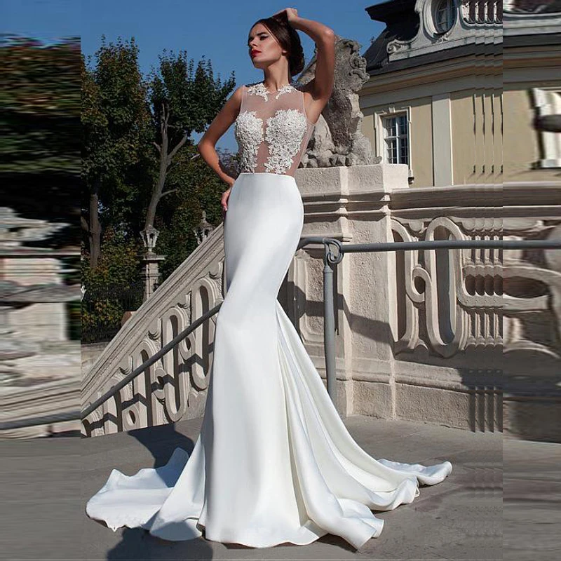 

ON317 New Arrival Sexy Wedding Dresses O-neck Sleeveless Top Part Lace Satin Skirt Mermaid Wedding Gowns with Sweep Train, Default or custom