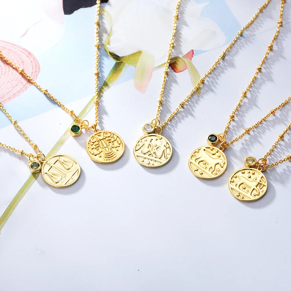 

Dainty Zodiac Astrology 925 Sterling Silver Necklace 12 Constellatory Coin Crystal Dangle Gold Plated Necklace Lucky Jewelry