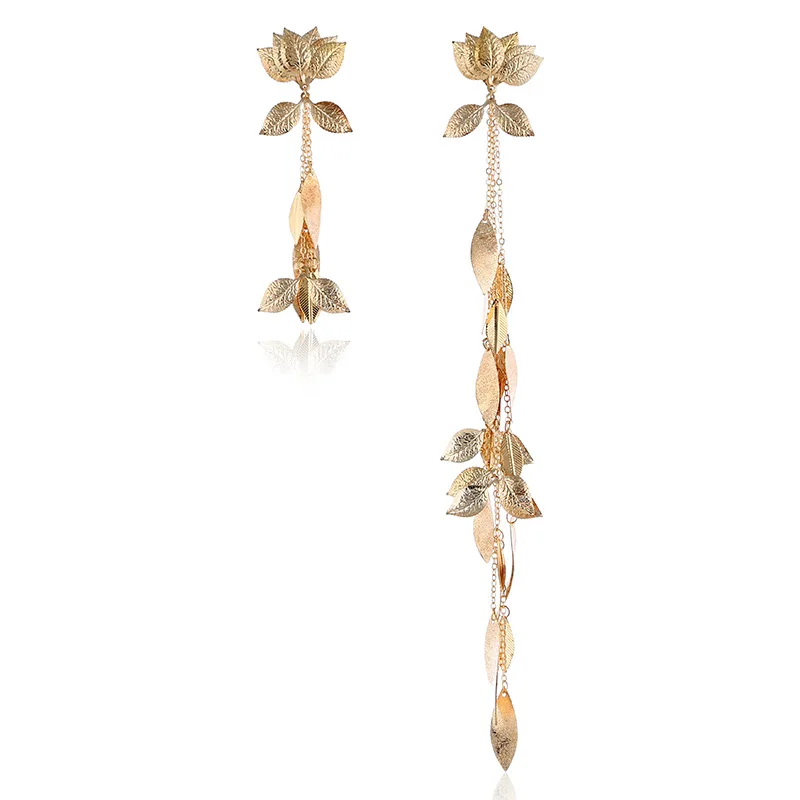 

Party Gift New Trendy Women Fashion Metal Asymmetrical Zinc Alloy Gold Long Tassel Leaf Jewelry Drop Earrings