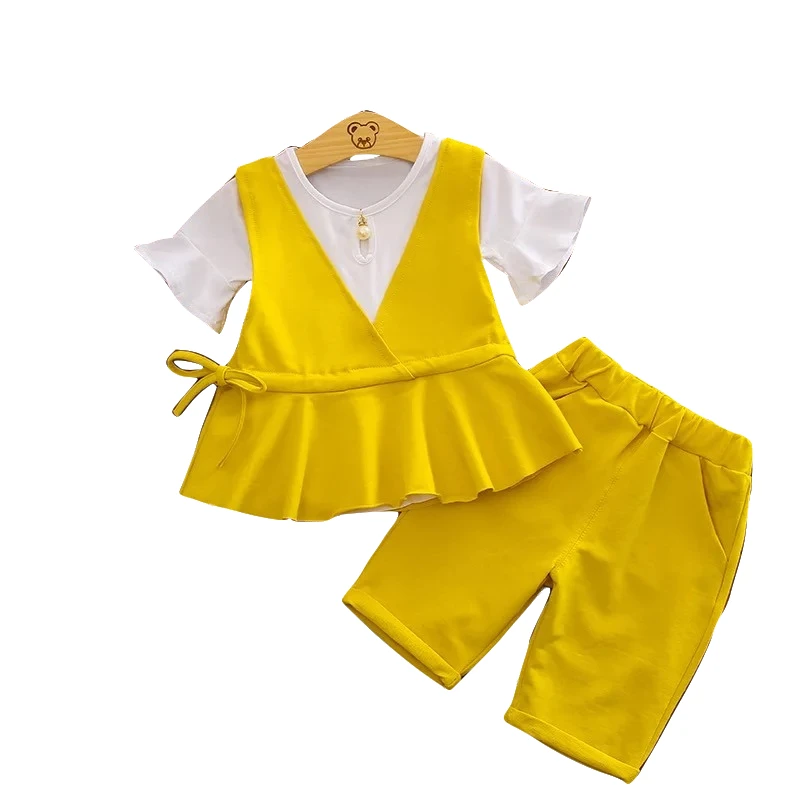

Solid 3 pcs pure cotton ruffle boutique girls short sets baby girl clothing set, Customized