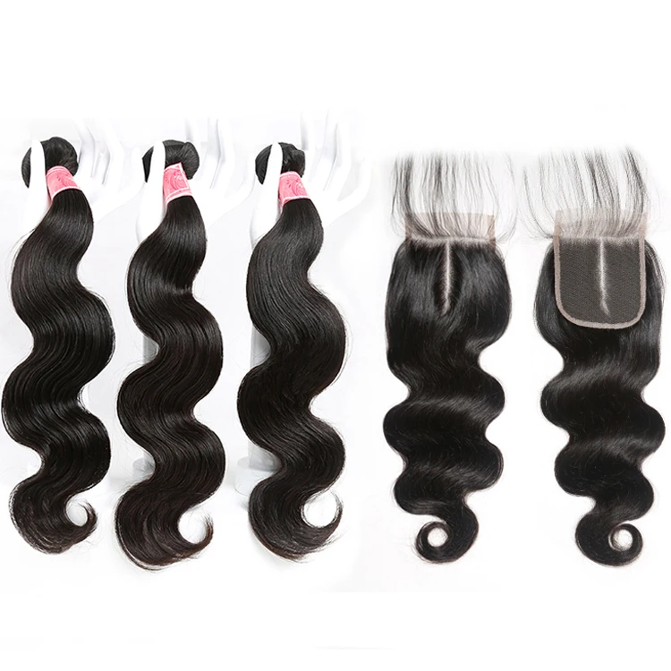 

XBL body wave Peruvian human hair extension 8-26 inch, body wave lace frontal closure 4*4, wholesale Remy 3 bundles with closure, Natural black