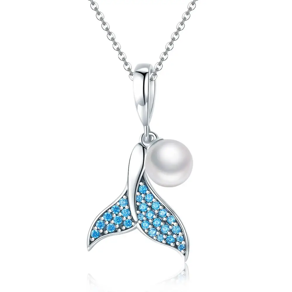 

Hot Selling Blue CZ Mermaid Tail Charms Pendant Necklace with Pearl Jewelry