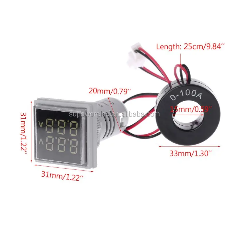 CUGUU 0-100A AC 60-500V 22MM 3IN1 Digital Dual Voltmeter Ammeter Square LED Signal Lights Voltage Ampere Current Meter Indicator Tester Measuring 