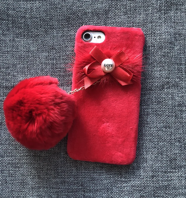 For iPhone 7 Plus Case Plush Fur Hairy Ball Case Pearl Bowknot Cover for fluffy iphone case