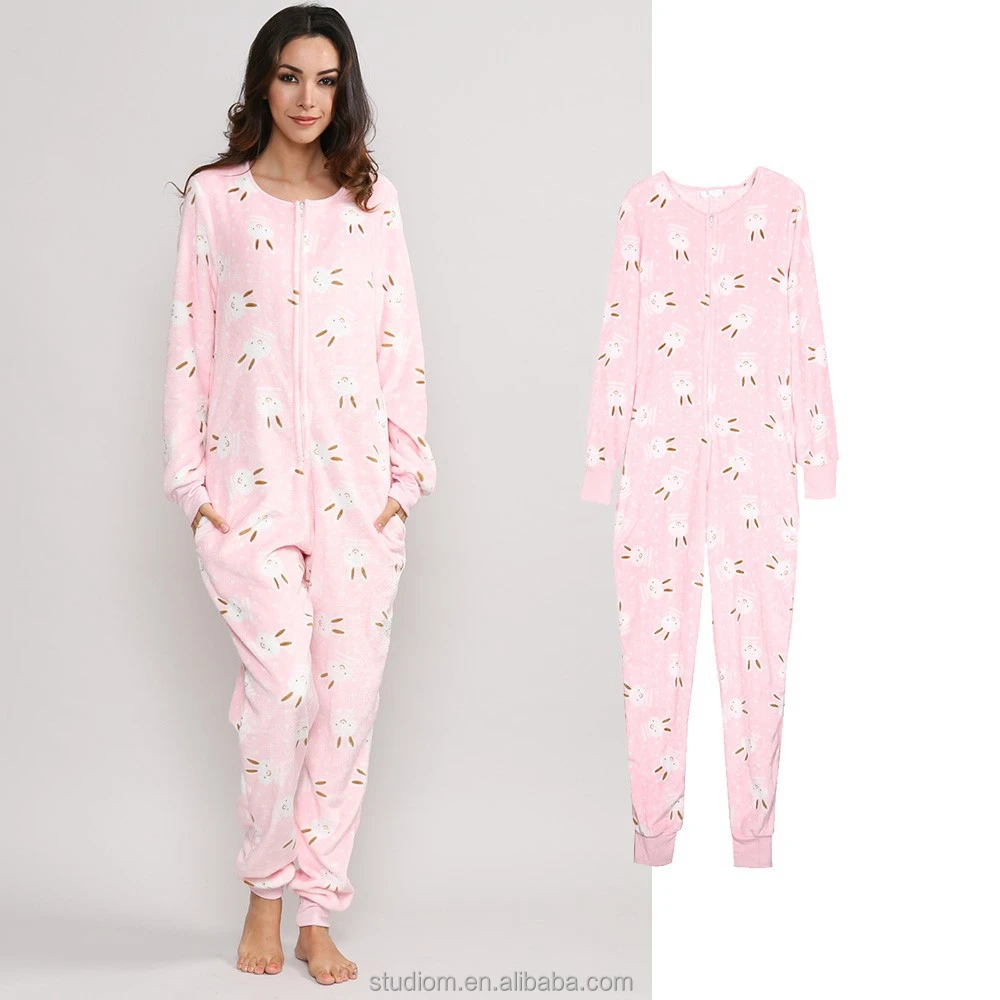 2017 hot koop winter fleece onesie met konijn print vrouwen pyjama sexy volwassen onesie