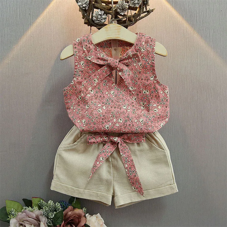 

Korea Style Children Girls Clothing Set Sleeveless Bowknot Floral Summer Kid Girls Clothing Set, Red/ light blue