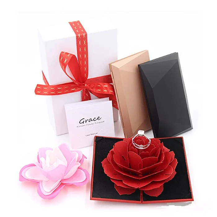 

JINSKY wholesale jewelry organizer ring box with flower inside resinvelvet box, Rose,red and black and customized