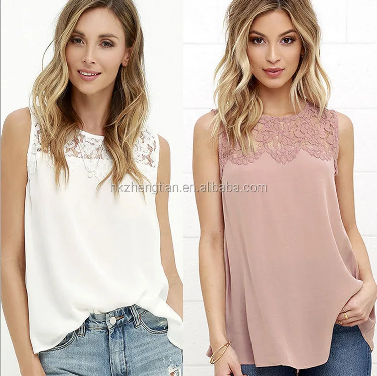 

Sexy hollow lace stitching chiffon sleeveless T-shirt blouse
