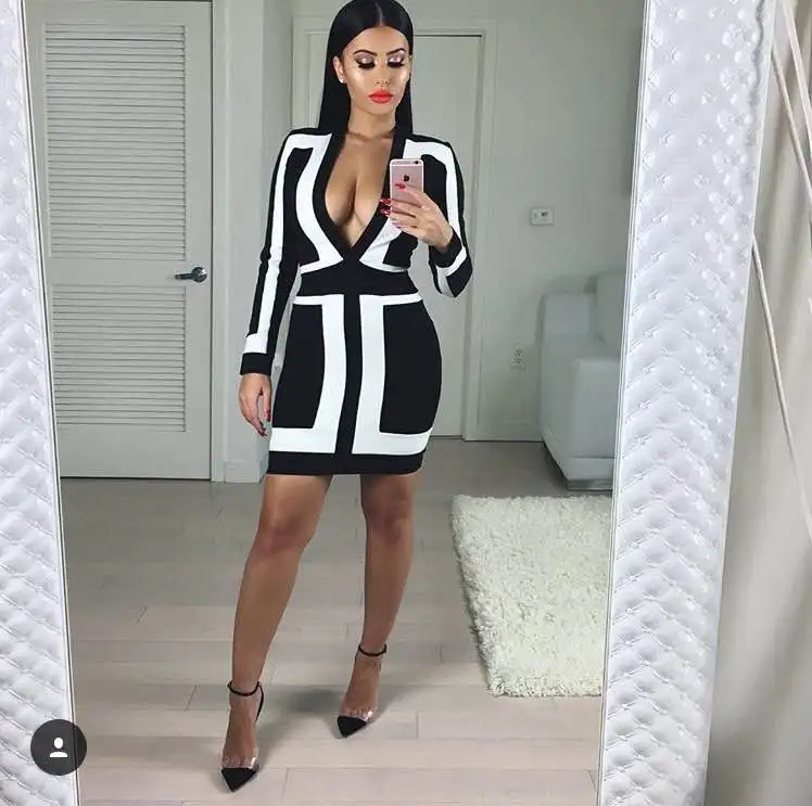

2015 long sleeve deep V neck black & white red carpet celebrity dress boutique dress wholesale C333
