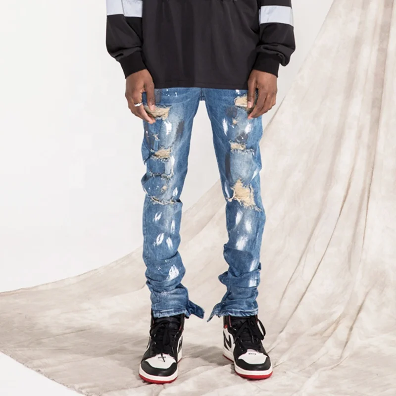 

OEM men's slim fit jean with paint splatter vintage ripped washed jeans dropshipping