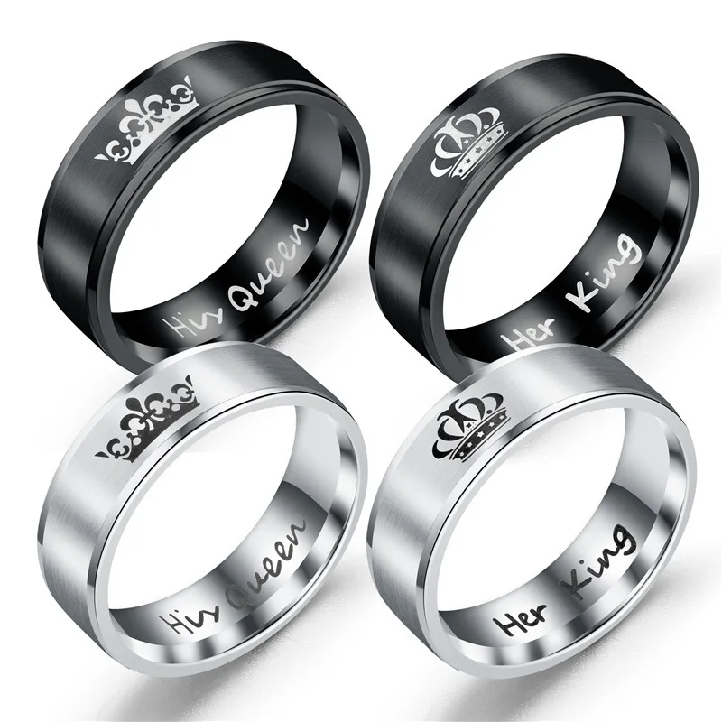 

YWMT 2018 Wholesale Couple Ring Jewelry Her King and His Queen Titanium Steel Wedding Rings, Black/silver