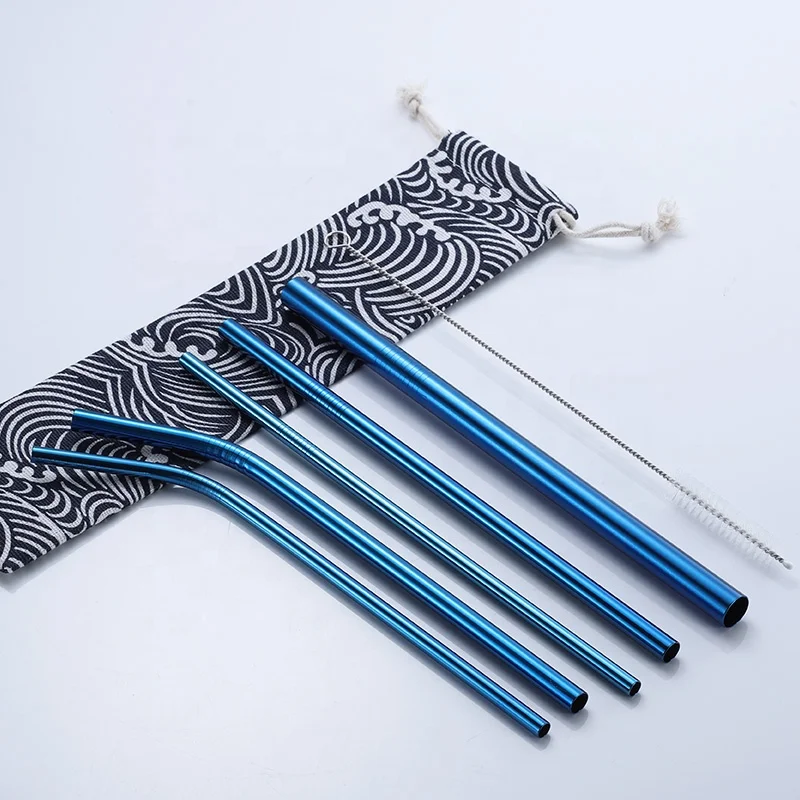 

Custom logo wholesale stainless steel 304 reusable metal purple straws, brush and pouch, Gold;rose gold;rainbow colors;black;silver;blue;purple