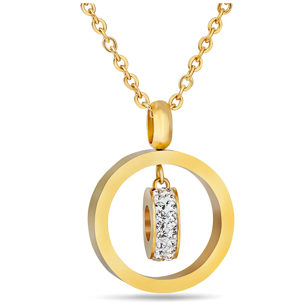 

18K Gold Plated Jewelry Stainless Steel Circle Hoop Pendant Crystal Dicyclic Necklace For Women