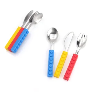 Image of Kids Cutlery Set Flatware Baby Stainless Steel Spoon and Fork Set Silicone Handle Design Utensils Bau Messer und Gabellffel